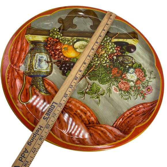 Vintage Round Metal Tray DAHER DECORATED WARE Made in England Fruit Flowers Ewer - Picture 4 of 12